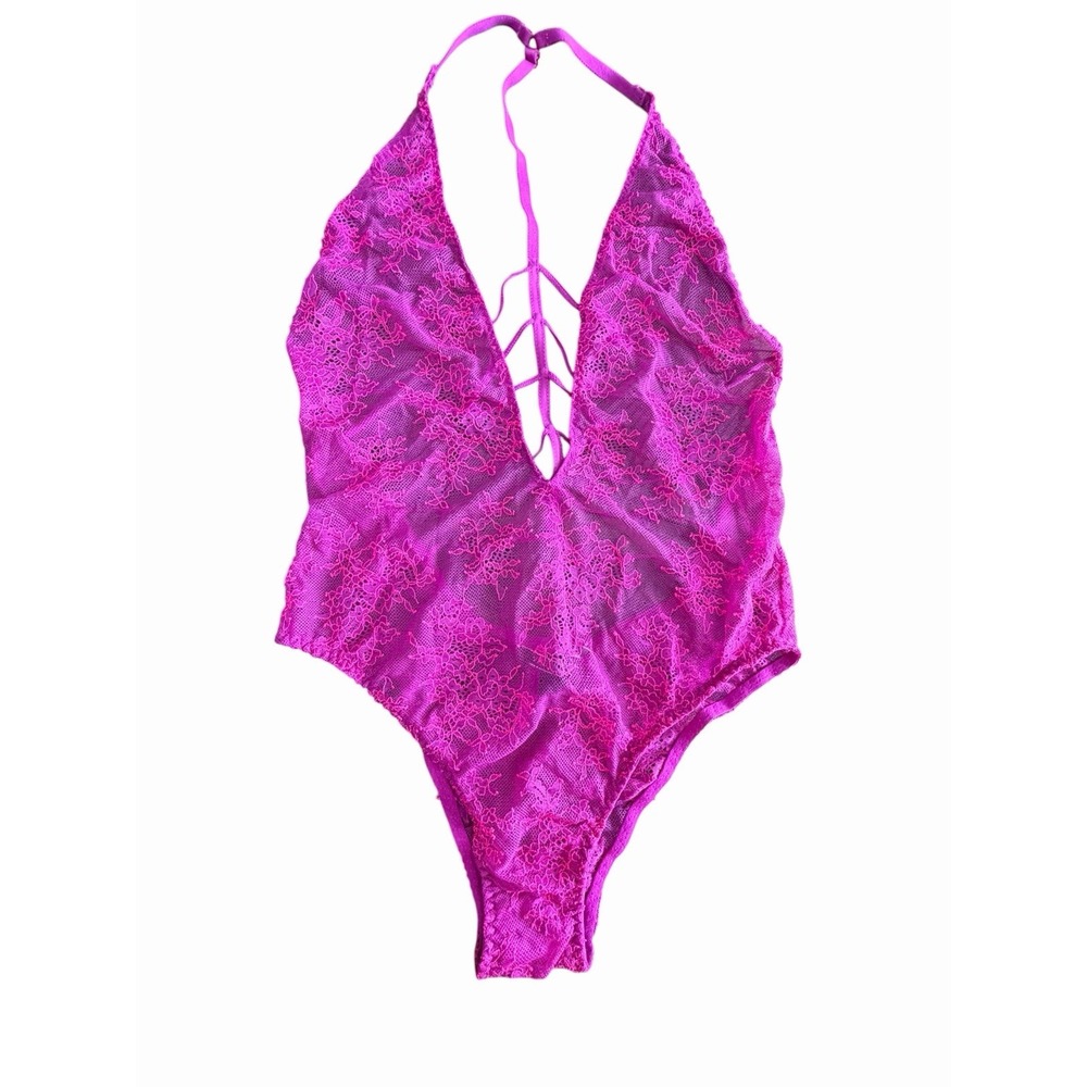 Victoria's Secret Small Fuchsia Floral Lace Halter Bodysuit Lace Up Strap III5-1